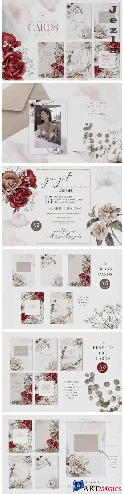 Watercolor Floral Pre-made Cards Wedding Valentine's Day - 1107526