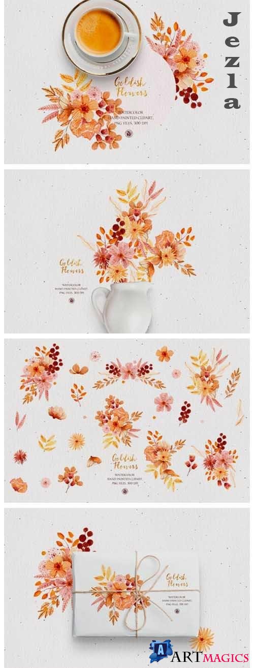 Goldish Flowers - watercolor set - 5661246