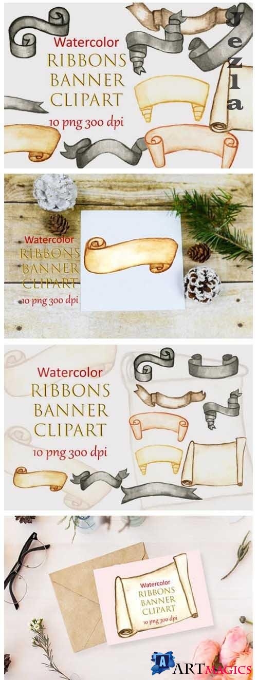 Watercolor Ribbons banner clipart Vintage Ornaments Ribbon - 1083104
