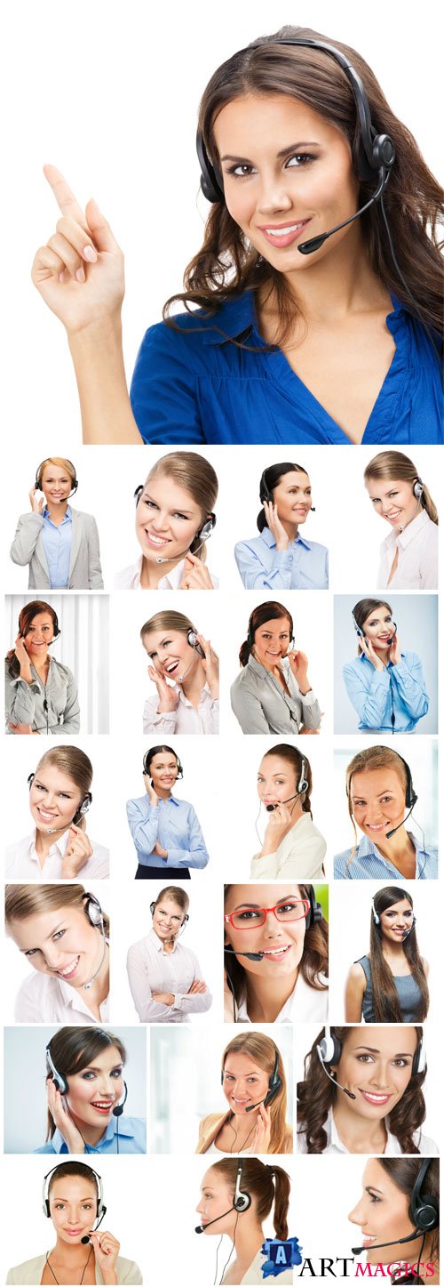 Charming female operators in headphones stock photo