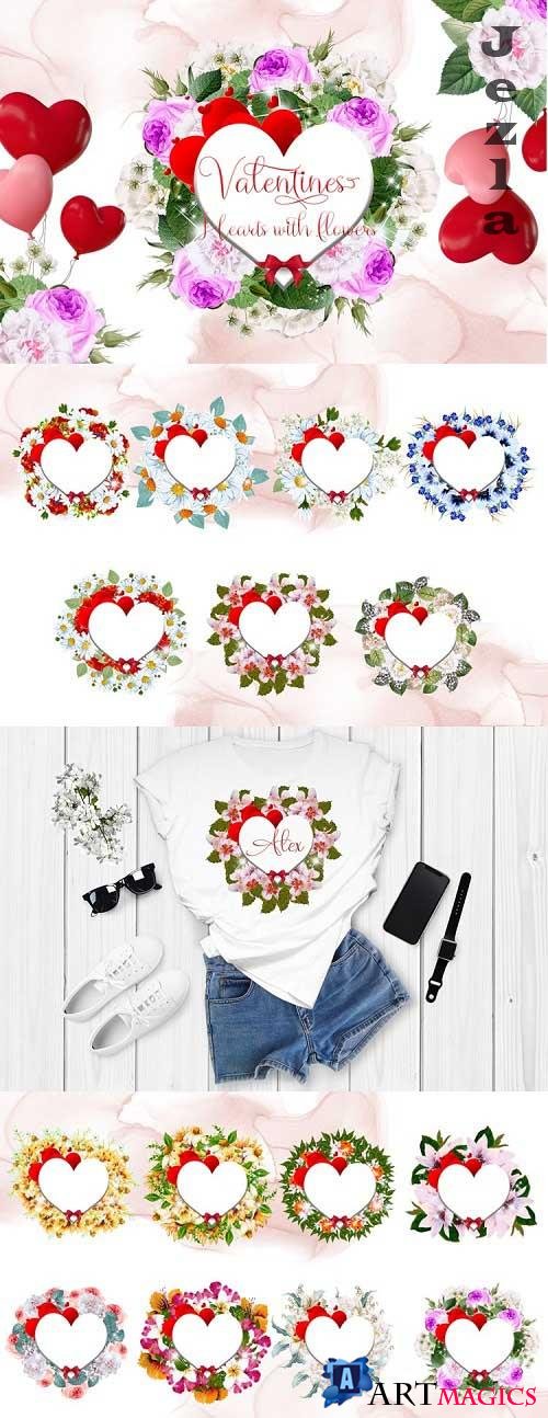 Valentines Hearts with Watercolor Flowers - 1136204