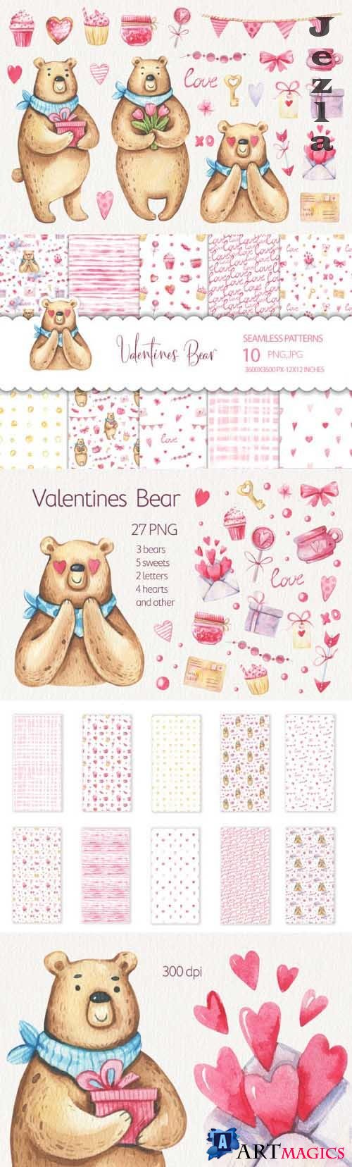 Watercolor Valentines Day Clipart and Seamless Patterns