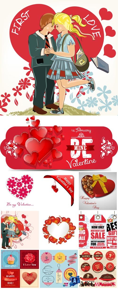 Valentines day labels and romantic illustrations