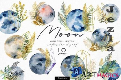 Watercolor moon with fern leaves - 1163314