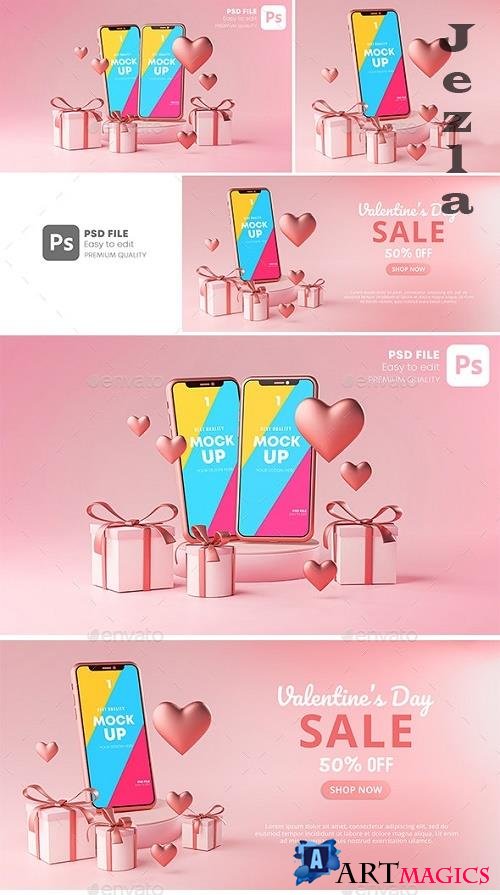 GraphicRiver - Smartphone Mockup Valentine Day Sale Love Heart Shape and Gift Box 3D Rendering 30090503