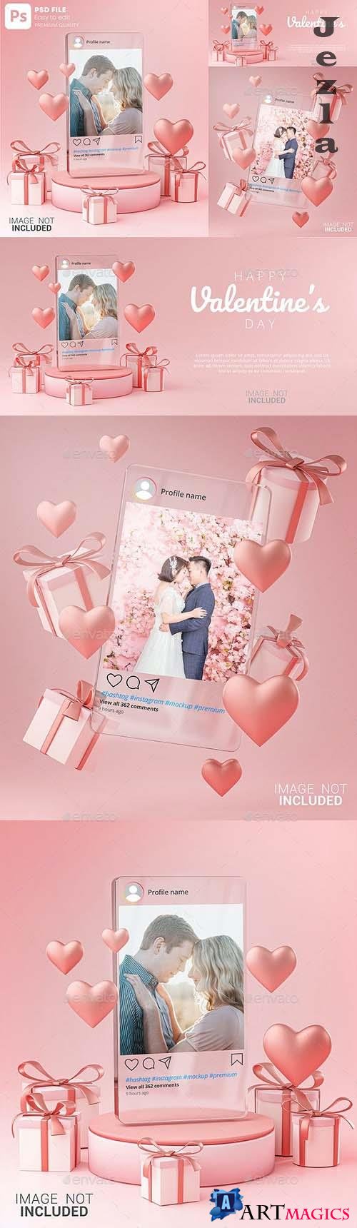 Instagram Post Mockup on Glass Template Valentine Wedding Love Heart Shape and Gift Box 3D Rendering 30090315