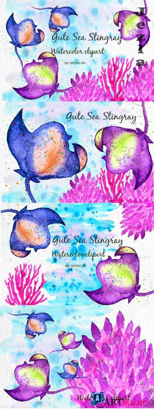 Watercolor Ocean Sea animals stingray digital clipart Sea - 1175383
