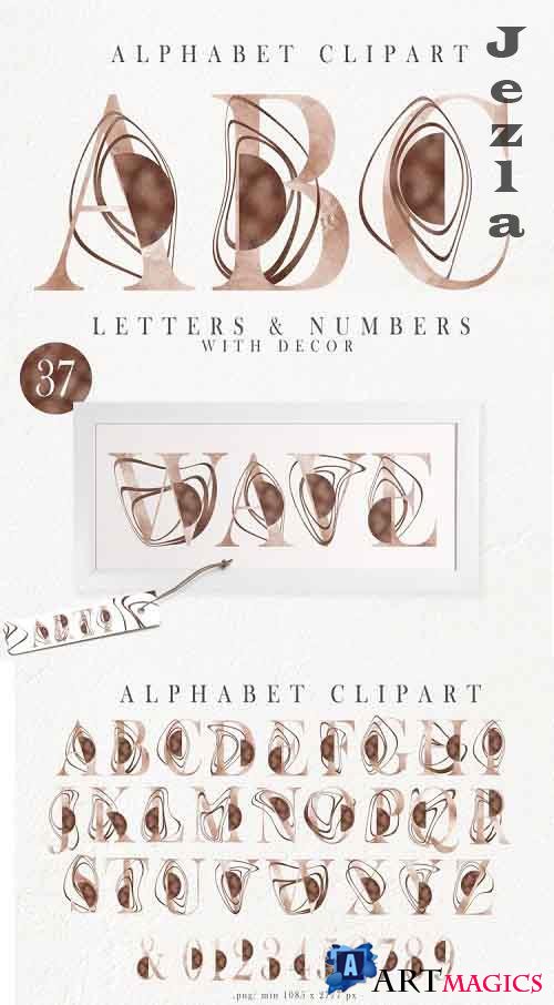 Watercolor Alphabet clipart. Artistic letters and numbers - 1175727