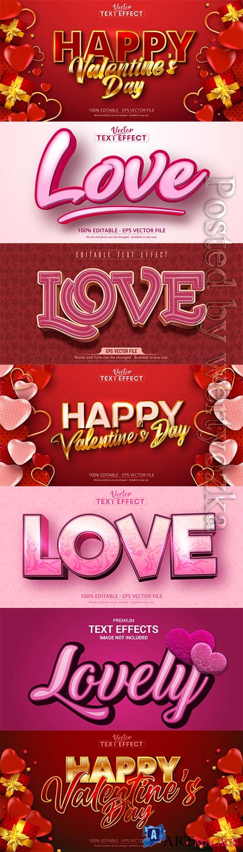 Valentine text effects style in vector with hearts