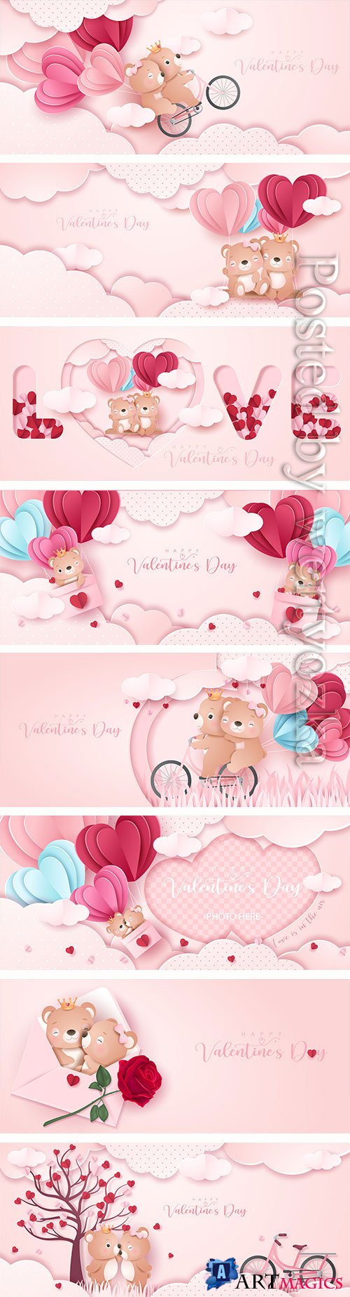 Cute doodle bear for valentines day in paper style banner