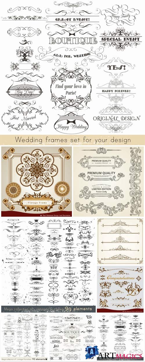 Wedding frames, vintage ornaments in vector