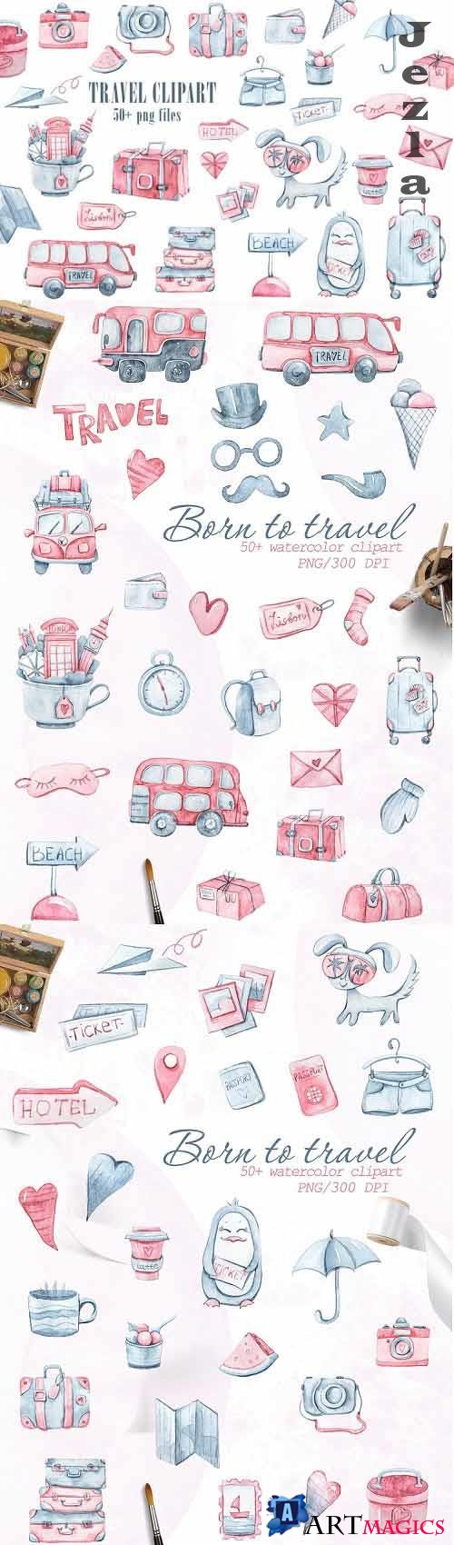 Watercolor travel clipart. Bags, cameras, tickets png files - 1179218