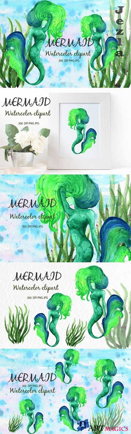 Watercolor clipart Mermaid Gute For Children's Greeting Card - 1180936