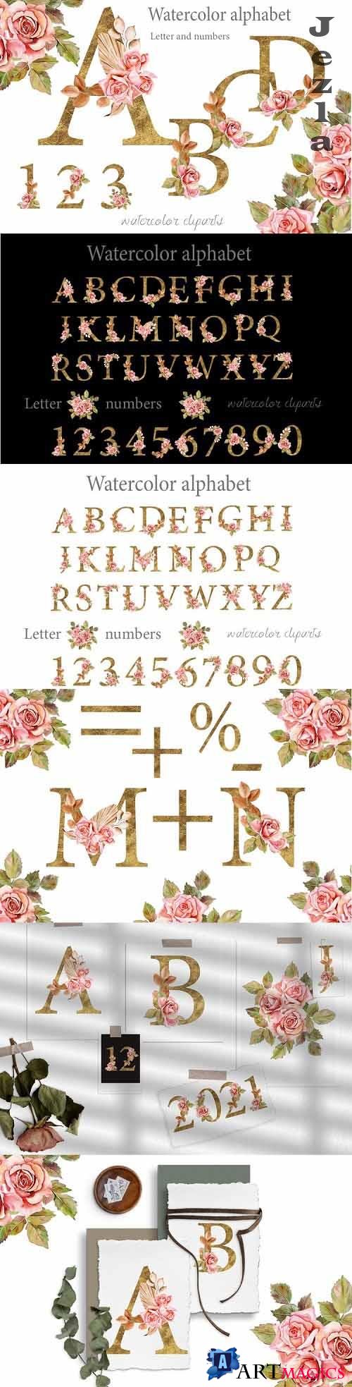 Boho roses and Gold alphabet clipart - 1178896