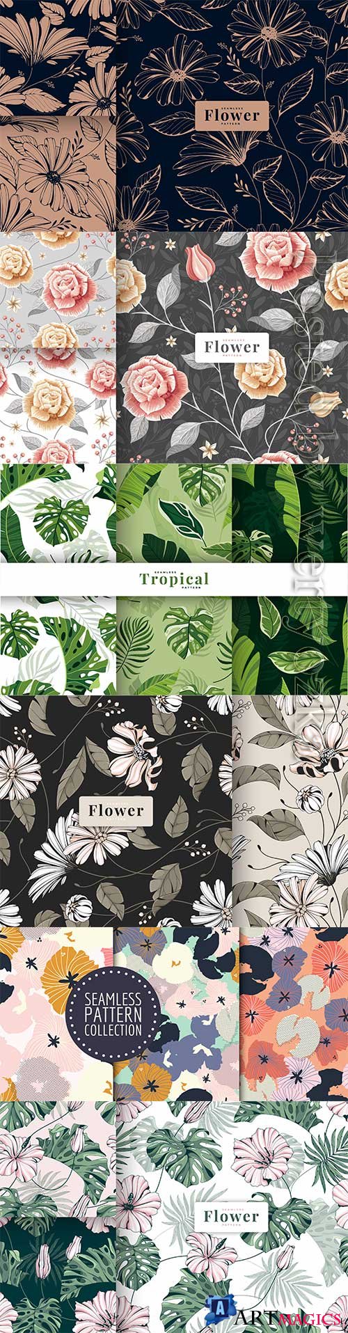 Collection hand drawn vintage floral seamless pattern