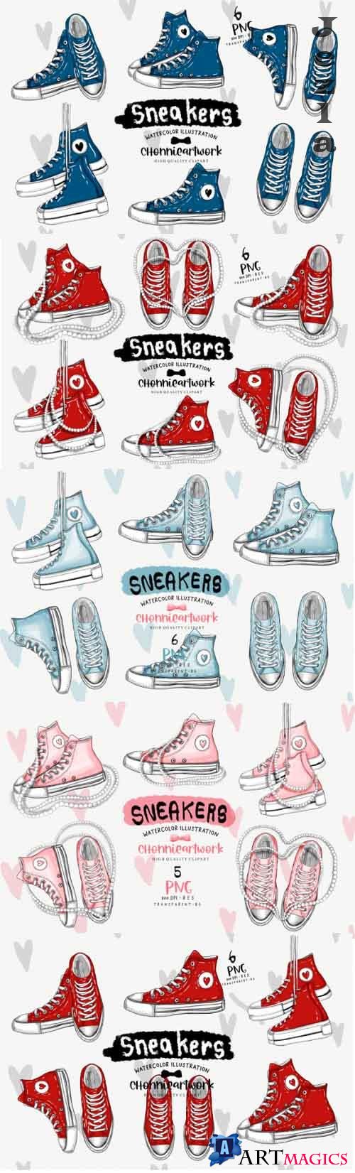 Sneakers Clipart Bundle - Red Shoes, Navy Blue, Pearls, Blue