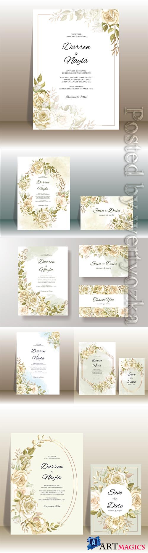 Elegant wedding invitation card with rose decoration