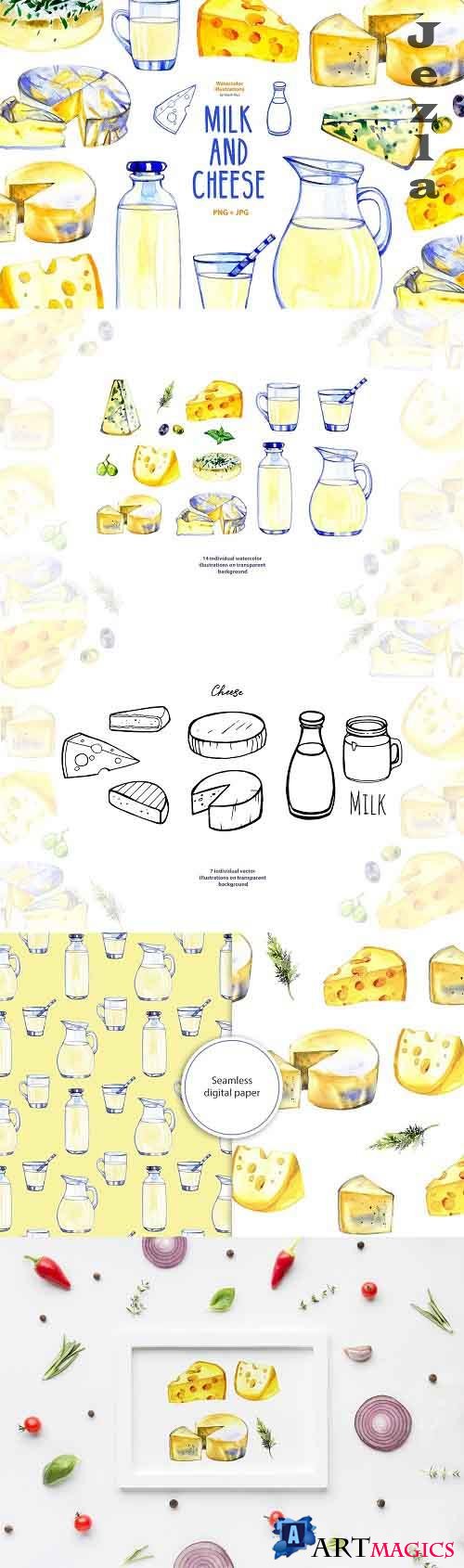 Milk and cheese - watercolor clipart - 5836011