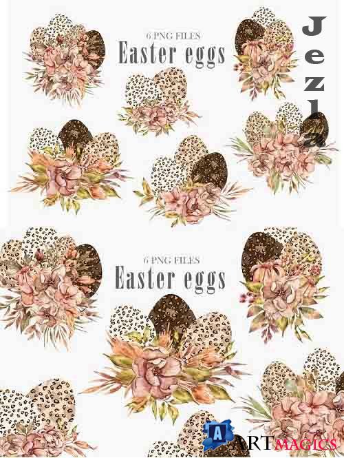 Watercolor Easter leopard eggs clipart. Floral bouquets - 1201581