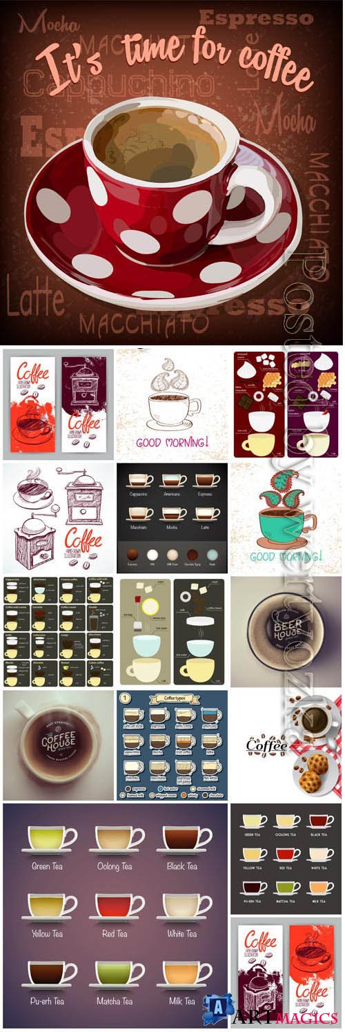 Coffee menu, cups with coffee in vector
