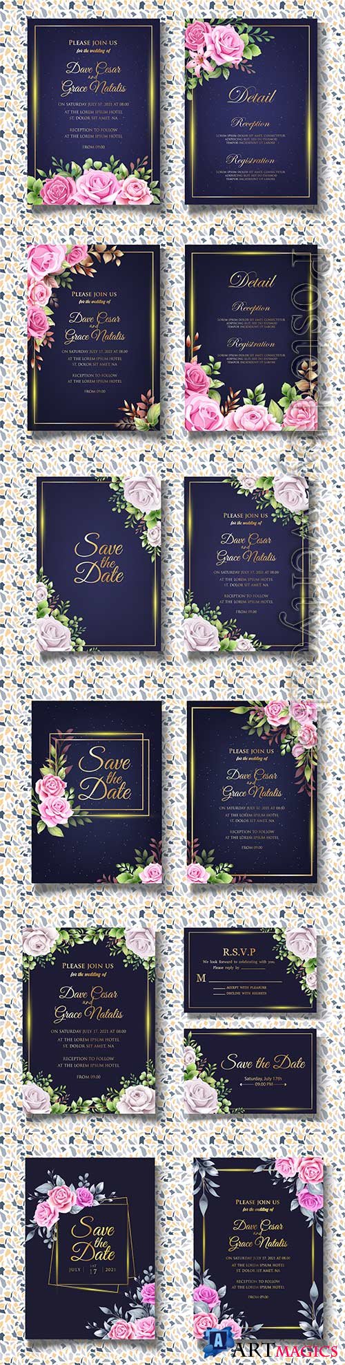 Floral wedding invitation vector template