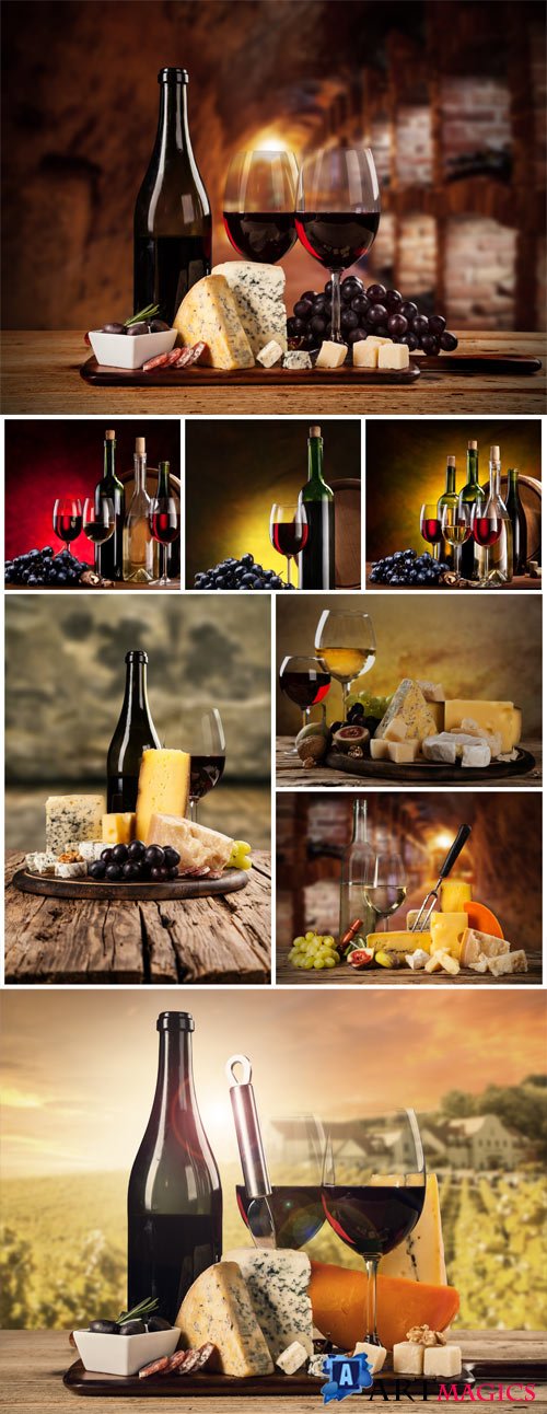 Glasses with wine, cheese and grapes on a tray stock photo