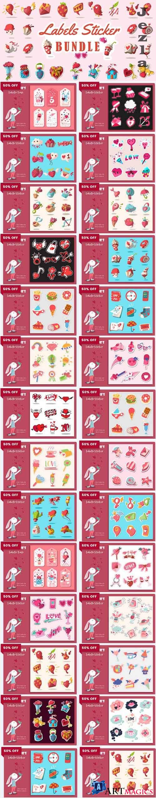 Valentine's Labels Sticker Bundle -  25 Premium Graphics