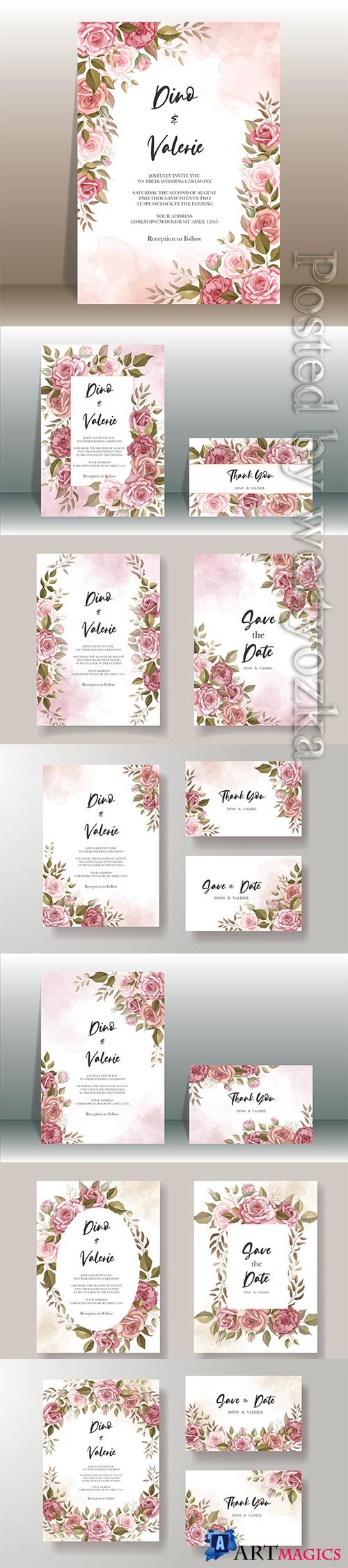 Beautiful wedding invitation card with rose decoration