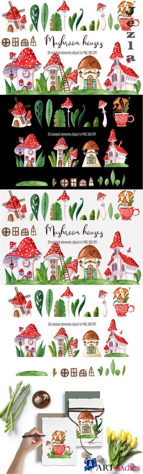 Watercolor hand-drawn set of beautiful Mushroom houses - 1217917