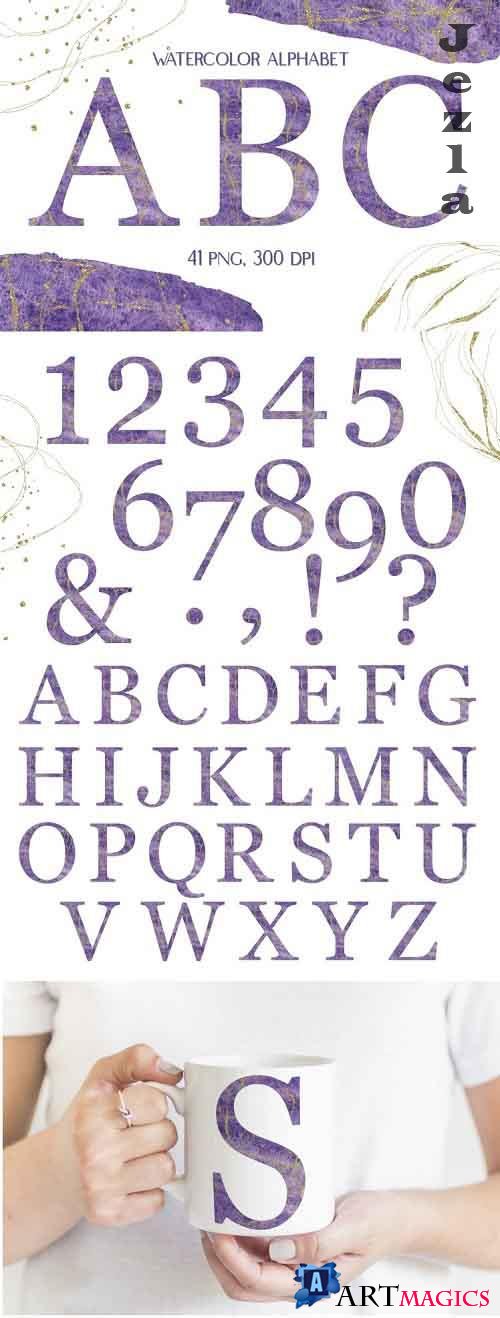 Watercolor Purple Alphabet with Gold Glitter Clipart - 1221880