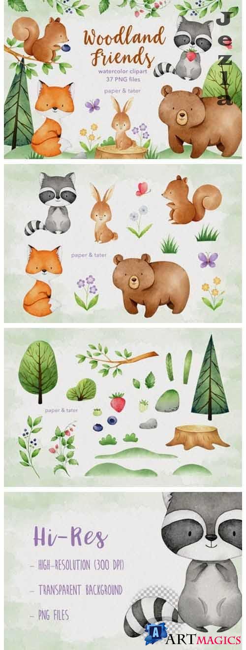 Watercolor Woodland Animals Clipart Graphics - 648948