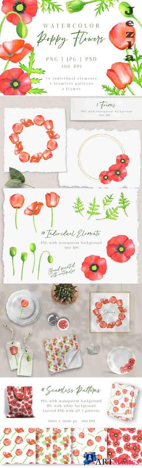 Red Poppy Flowers Clipart. Watercolor Floral PNG Collection - 1231936