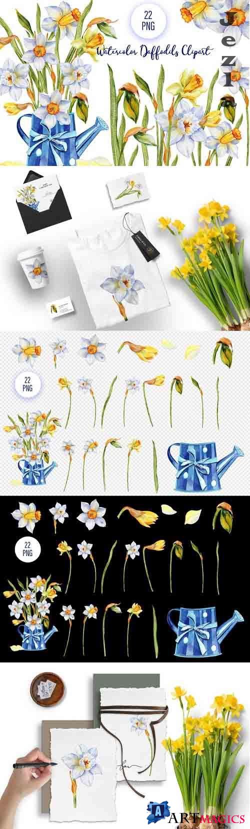 Daffodils watercolor blue flowers clipart - 1262501