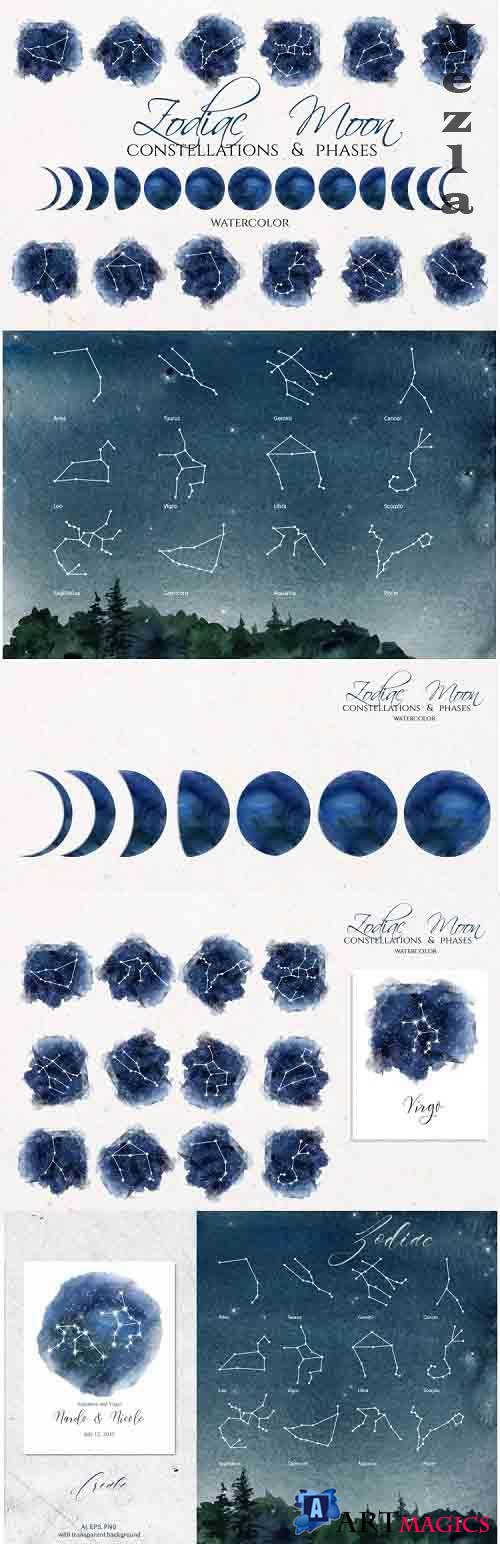 Watercolor Zodiac & Blue Moon Clipart - 1263700