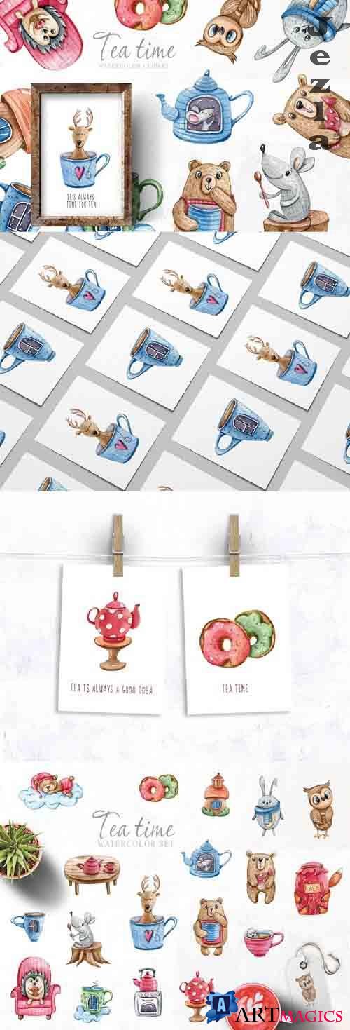 Watercolor cute forest animals clipart. Tea time collection - 682965