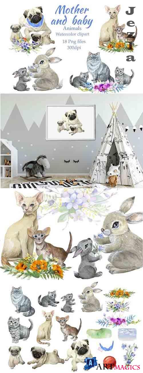 Mother and baby animals, watercolor clipart, Mothers day - 1259334