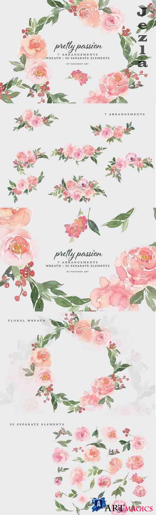 Blush Pink Flower Red Berry Clipart - 5993123