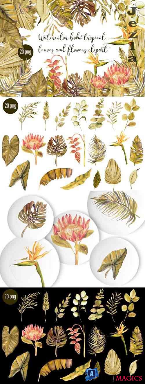 Watercolor tropical boho floral clipart. Flowers and leaves - 1285040