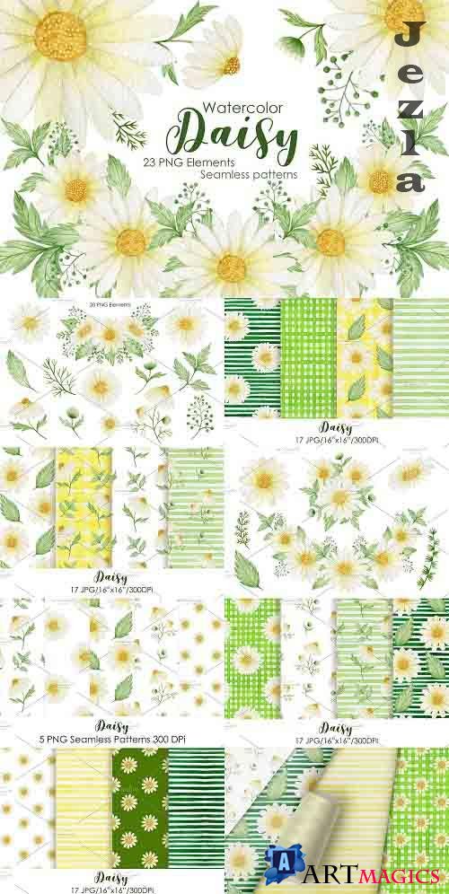 Watercolor Daisy. Seamless Patterns - 5970890