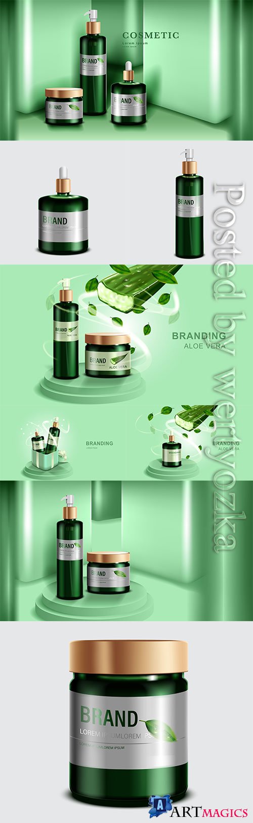 Cosmetics or skincare product, green bottle and green wall background