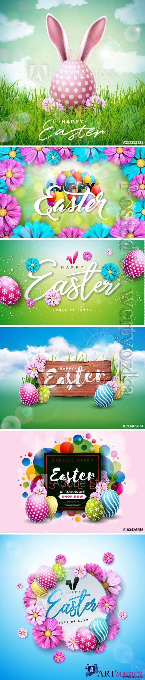 Happy Easter holiday with painted egg, rabbit ears and flower