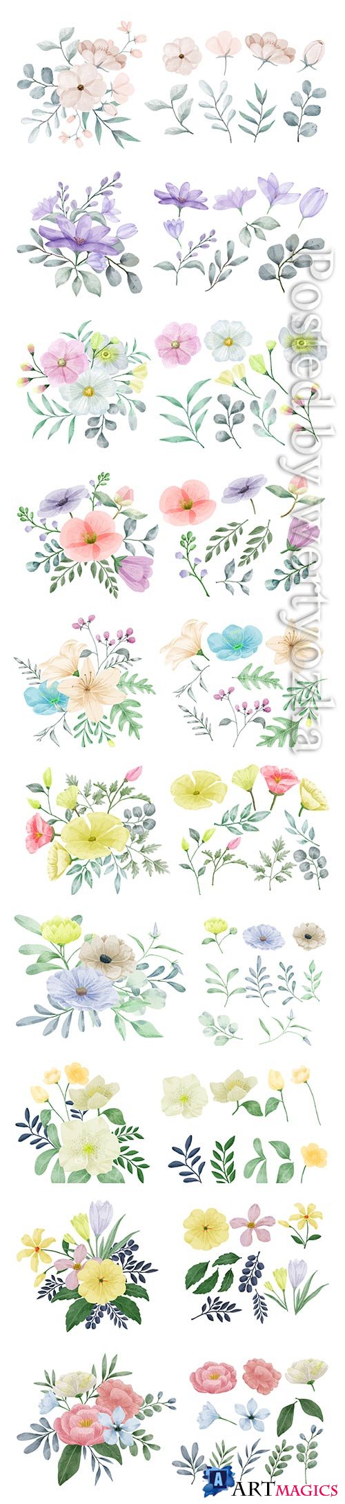 Vector flowers painted with watercolors