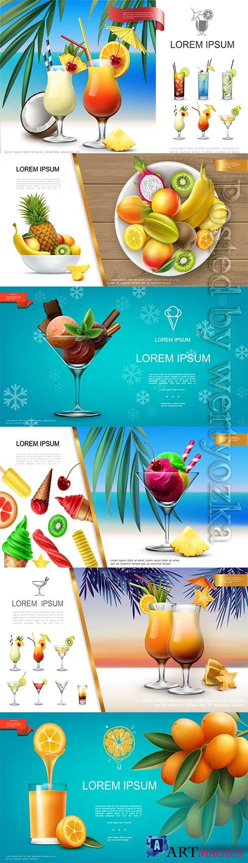 Realistic fresh healthy summer food and drink vector concept