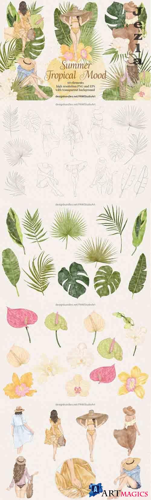Summer Fashion Girls Clipart Tropical Flowers Leaves - 1343019