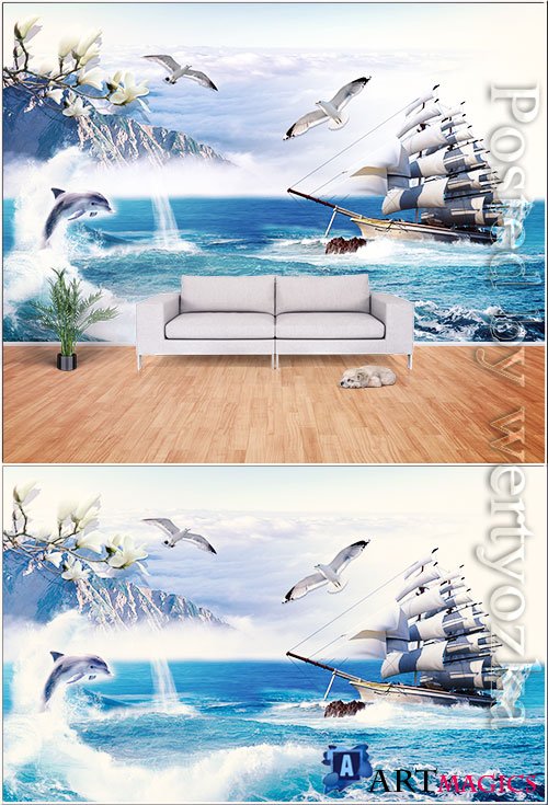 Seagull, big ship, sea dolphin, seaside scenery background wall