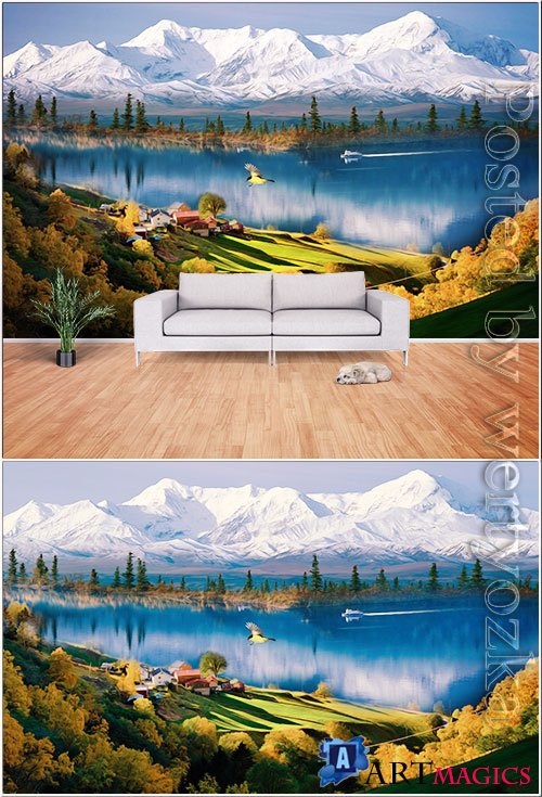 Modern landscape realistic oil painting style living room wall