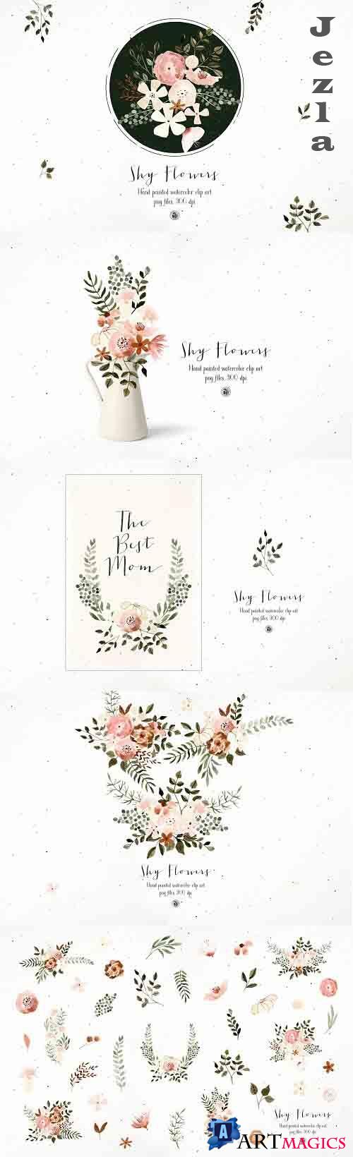 Shy Flowers - watercolor clipart - 6117759