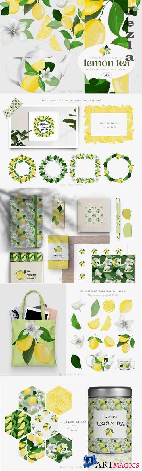 Lemon Gouache Illustrations and Seamless Patterns Summer PNG - 1353437