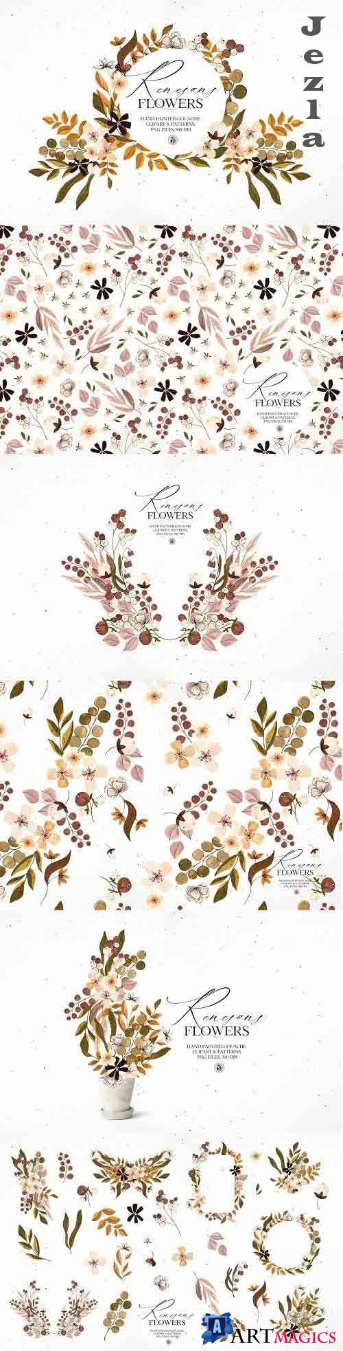 Renesans Flowers - gouache clipart - 6134567