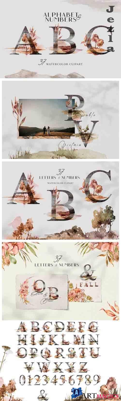 Watercolor Alphabet clipart. Floral letters and numbers - 1349029